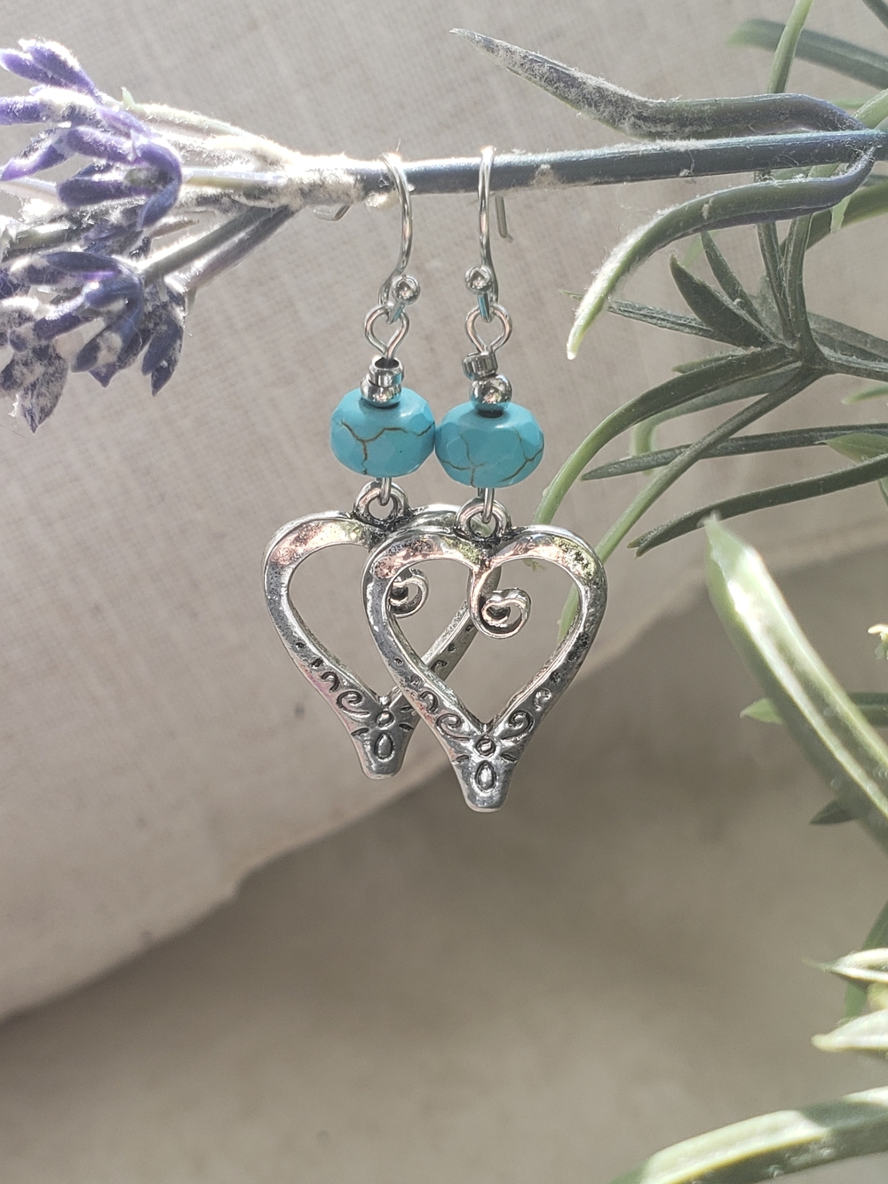 NEW Silver Heart Drop Earrings with Turquoise Bead
